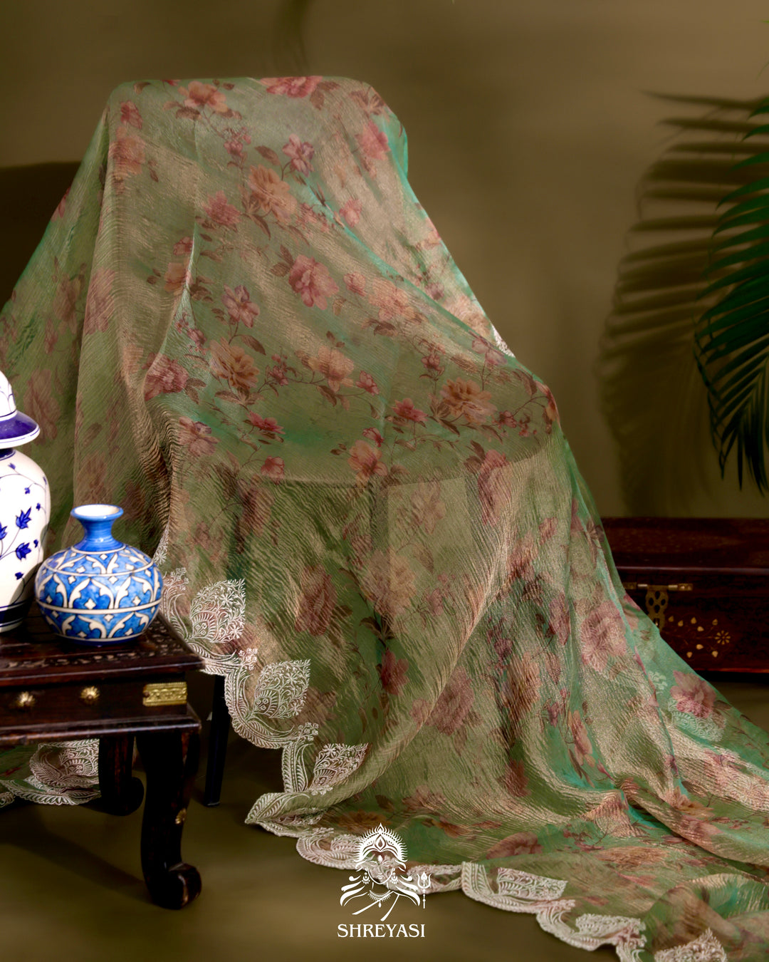 Handloom Pure Crushed Ektara Tissue Silk Saree with Floral Print and Scallop Embroidery