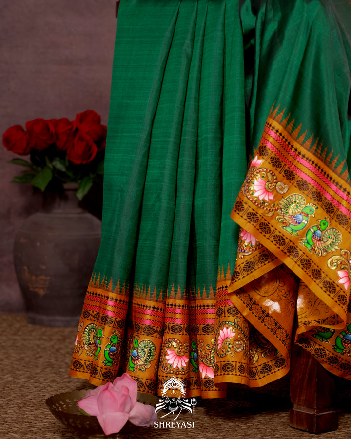 Handloom Pure Kanjivaram Silk Saree in Real Zari with Tanjore Mayil and Kamalam Artwork