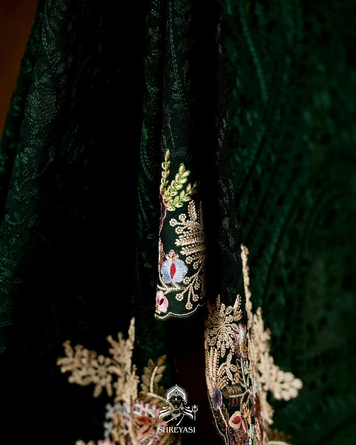 Premium Pure Georgette Chikankari Saree in Emerald Green with Embroidered Floral Borders