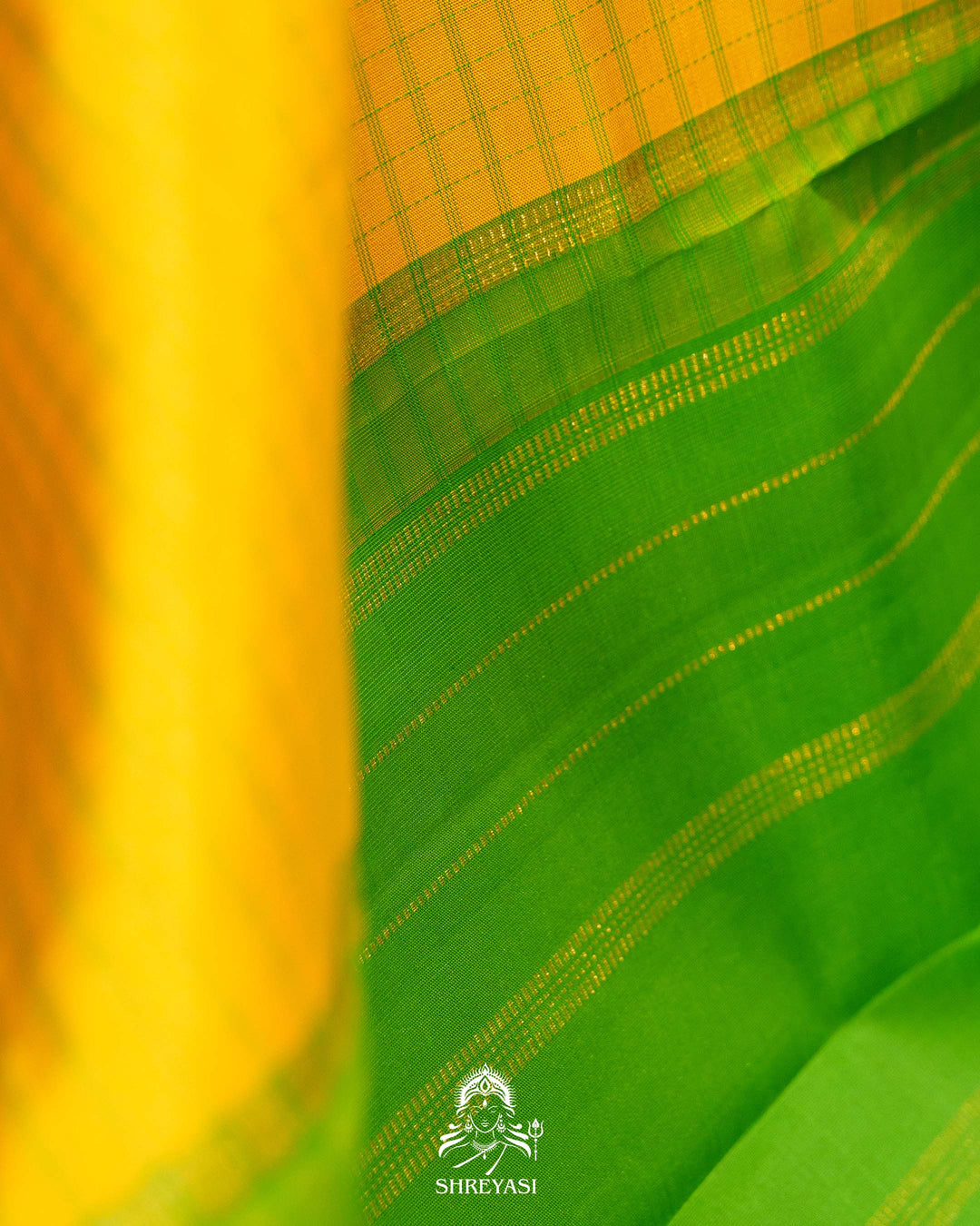 Yellow & Parrot Green Kattam Checks Kanjivaram Silk Saree