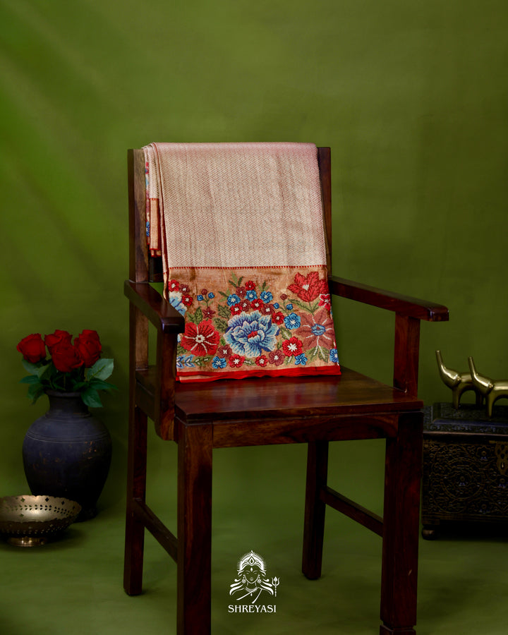 Handloom Pure Kanjivaram Tissue Silk Saree with Petit Point Embroidered Borders
