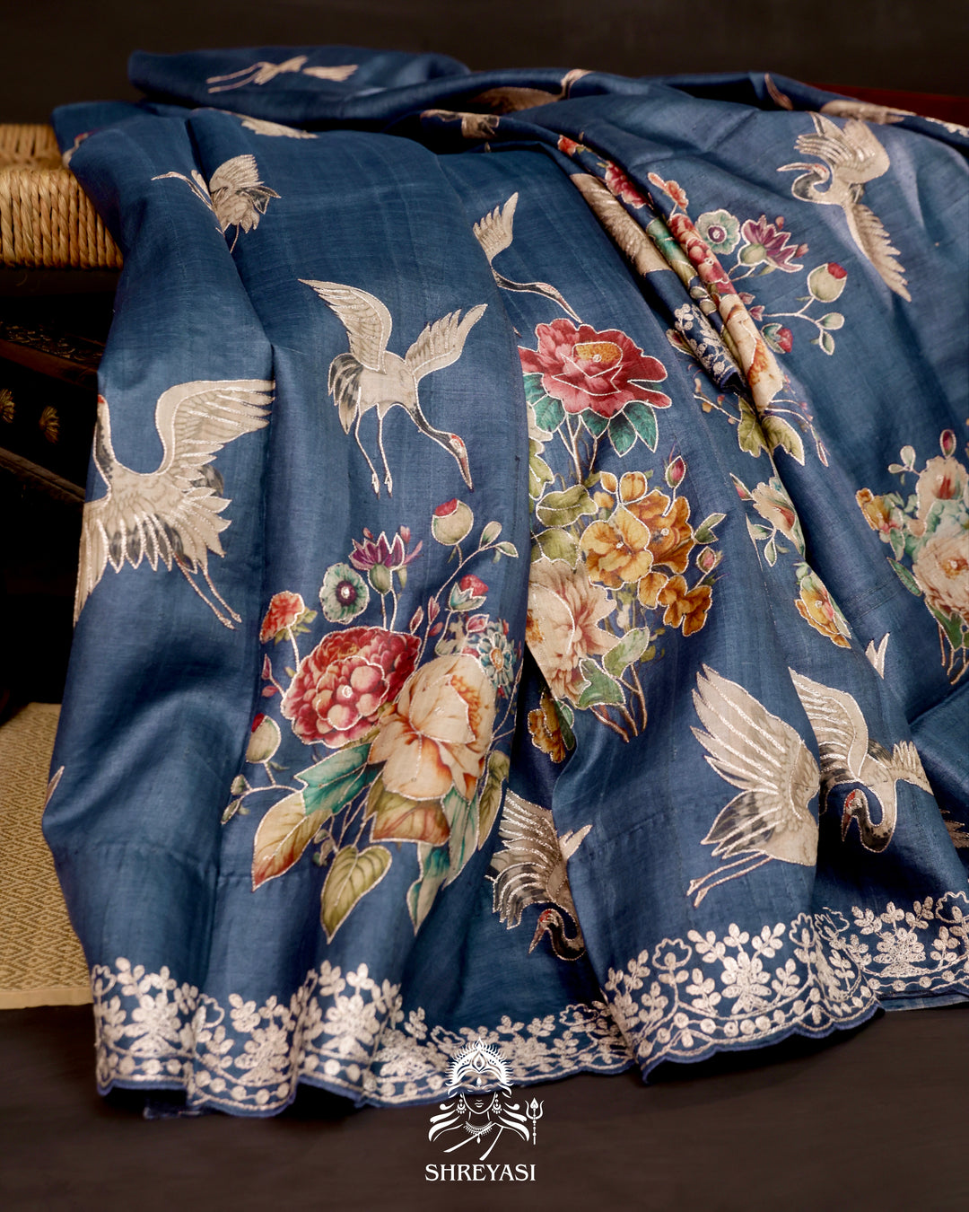 Handloom pure tussar silk saree in deep sapphire with digital floral prints and pita embroidery