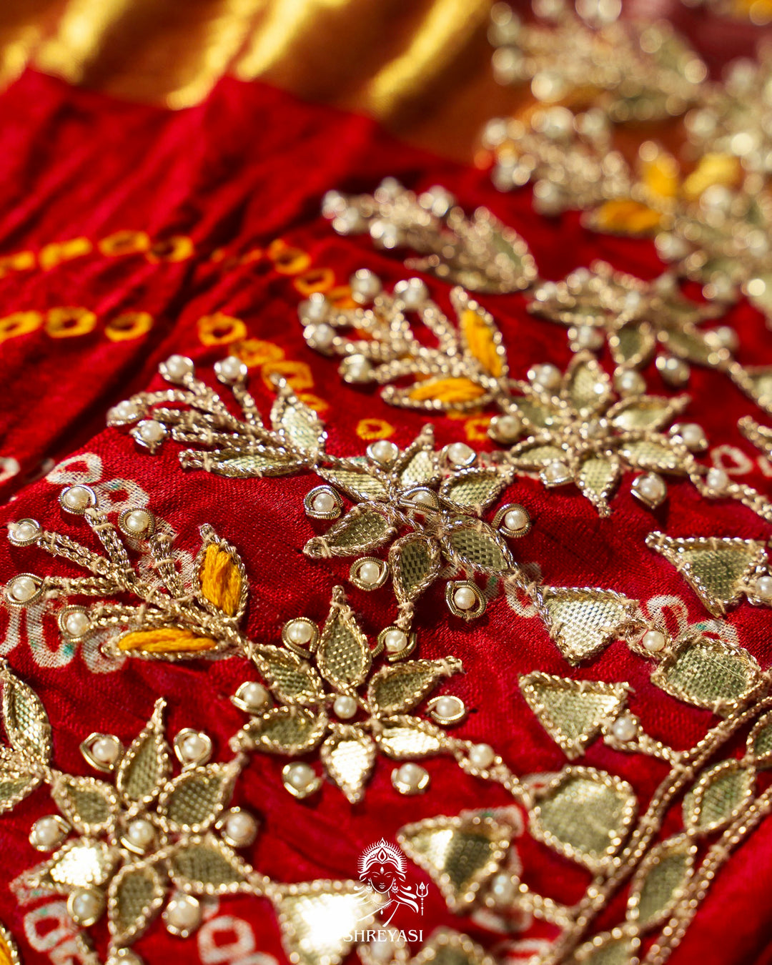 Handloom Pure Gaji Silk Saree with Hand-Knotted Bandhej, Gharchola Pallu & Heavy Gota Patti Embroidery