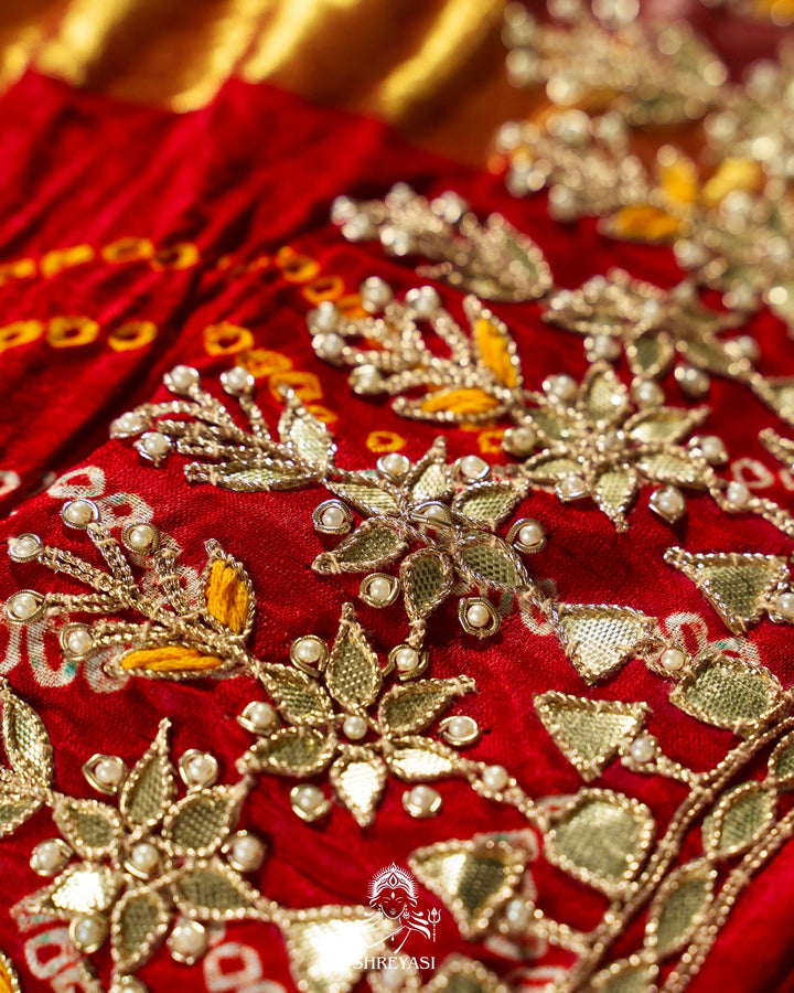 Handloom Pure Gaji Silk Saree with Hand-Knotted Bandhej, Gharchola Pallu & Heavy Gota Patti Embroidery