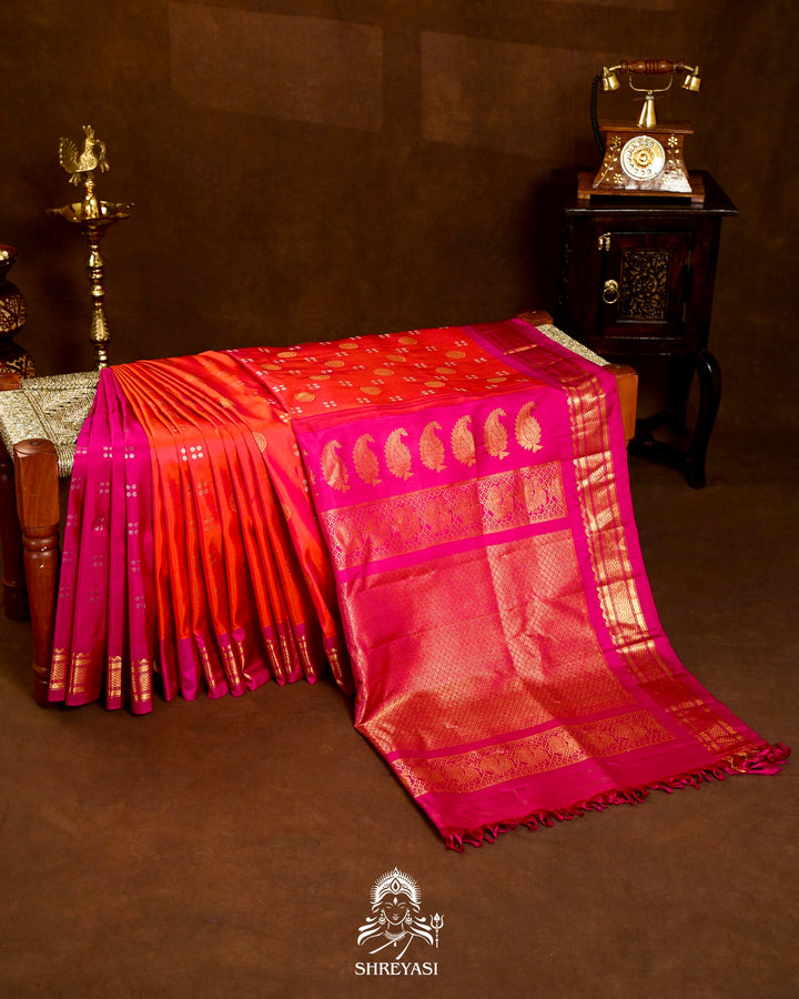 Handloom Pure Gadwal Silk Saree with Contrast Full Bhuti Blouse