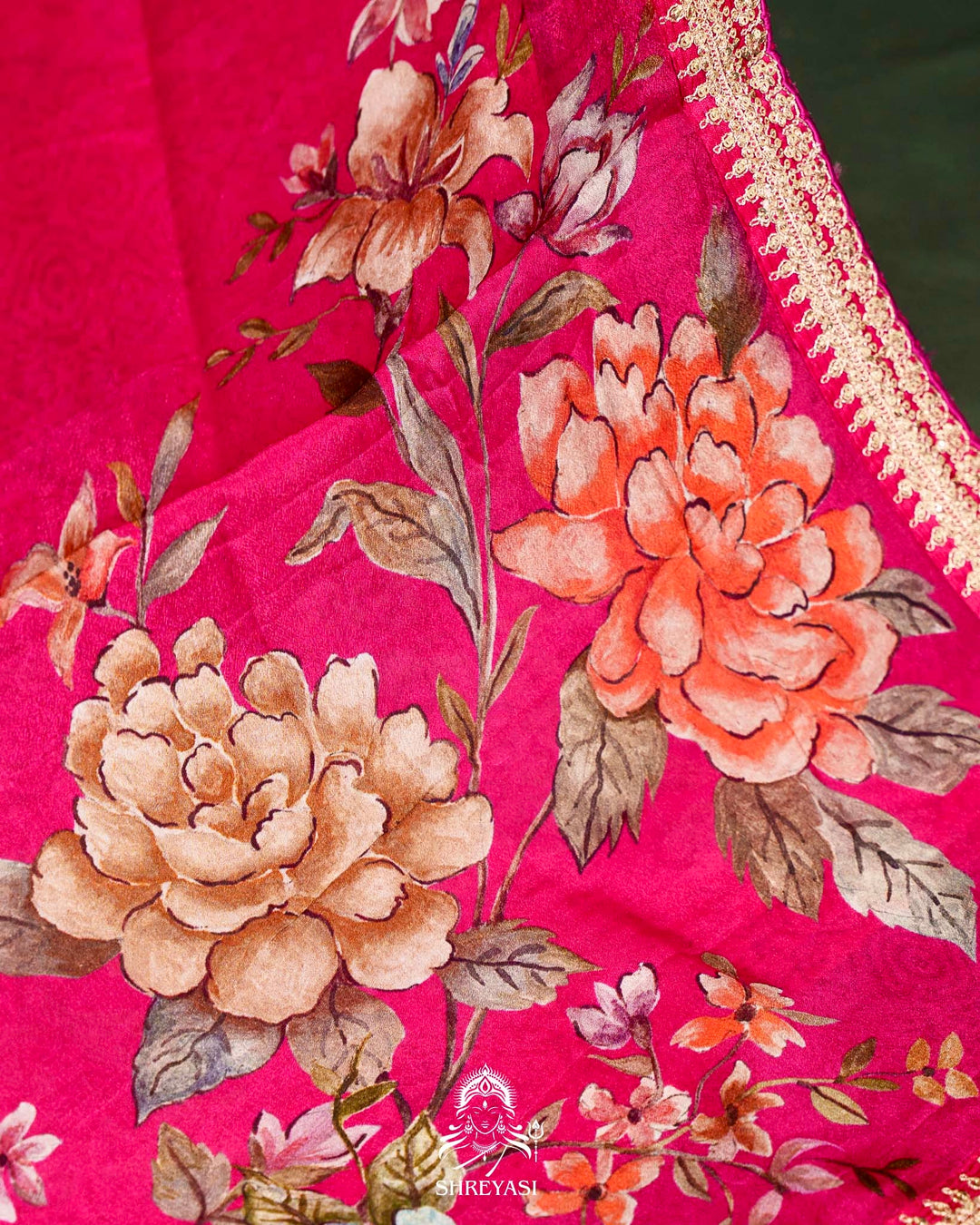 Floral Crepe Chiffon Saree with Embroidered Borders