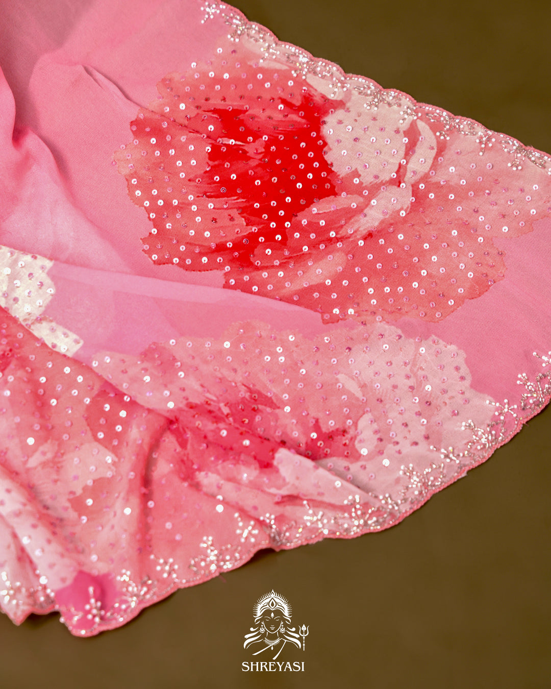 Blush Pink Pure Georgette Saree with Hand Embroidered Sequins and Cutdana Work