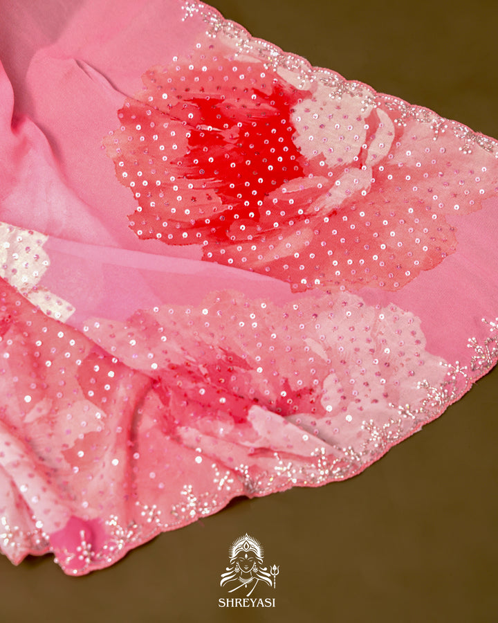 Blush Pink Pure Georgette Saree with Hand Embroidered Sequins and Cutdana Work