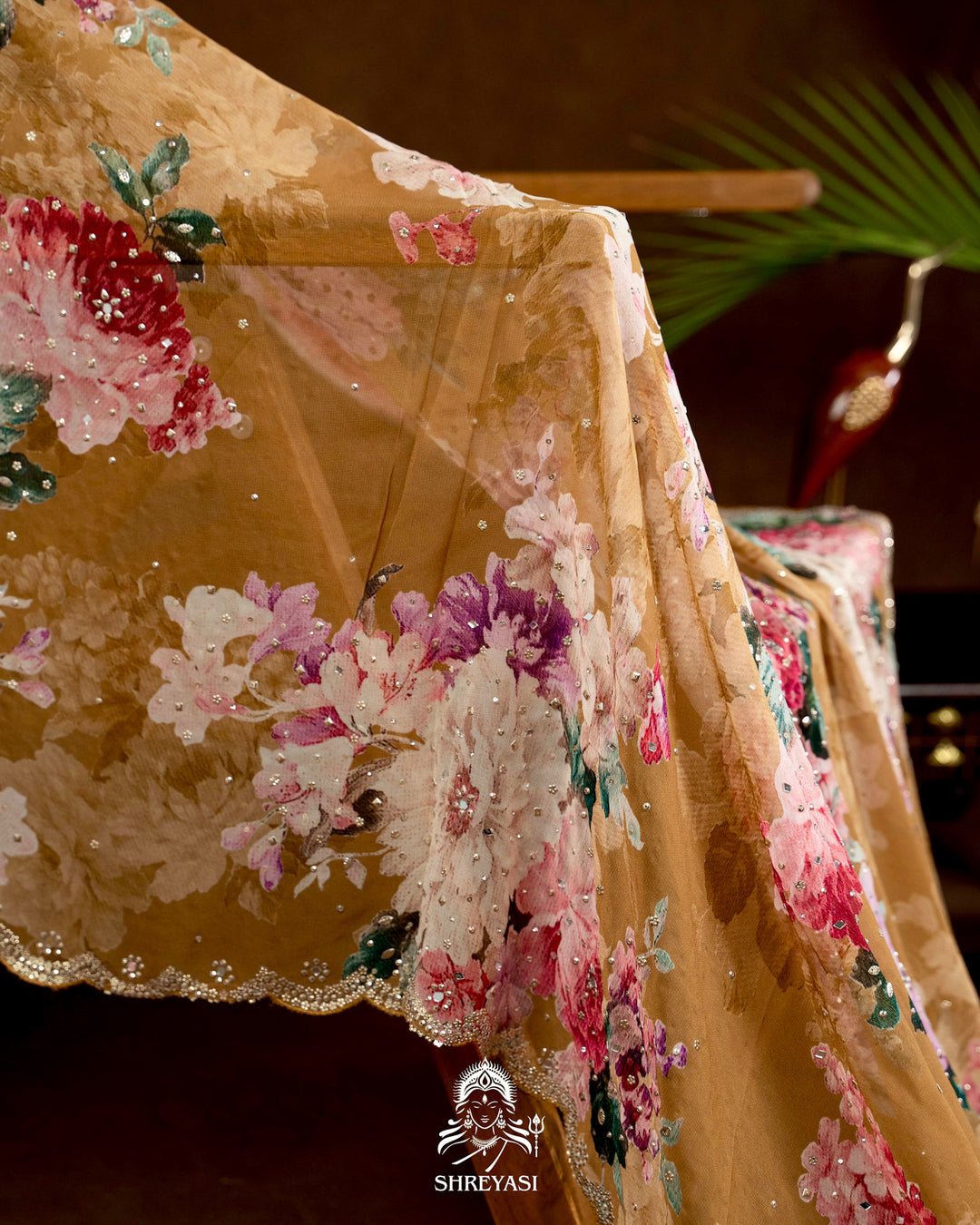 Hand Embellished Pure Georgette Floral Saree in Mocha Beige