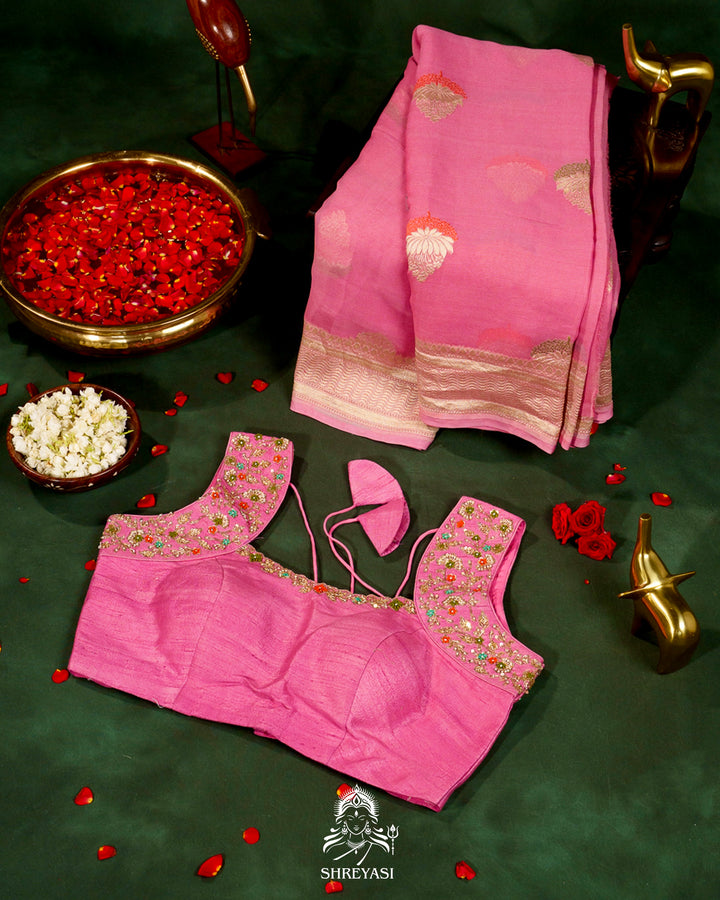 Banarasi Chiffon Khaddi Georgette Saree with Meenakari Weaving & Hand Embroidered Blouse