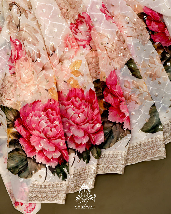 Georgette Floral Saree with Thread Embroidery and Micro Sequins