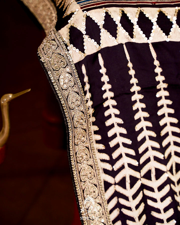 Handloom Pure Modal Silk Ajrakh Hand Block Printed Saree with Natural Dyes, All Over Aari Embroidery & Embroidered Borders