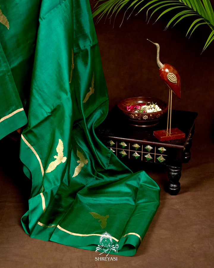 Handloom Pure Chanderi Pattu Silk Saree in Emerald Green with Bird Motifs