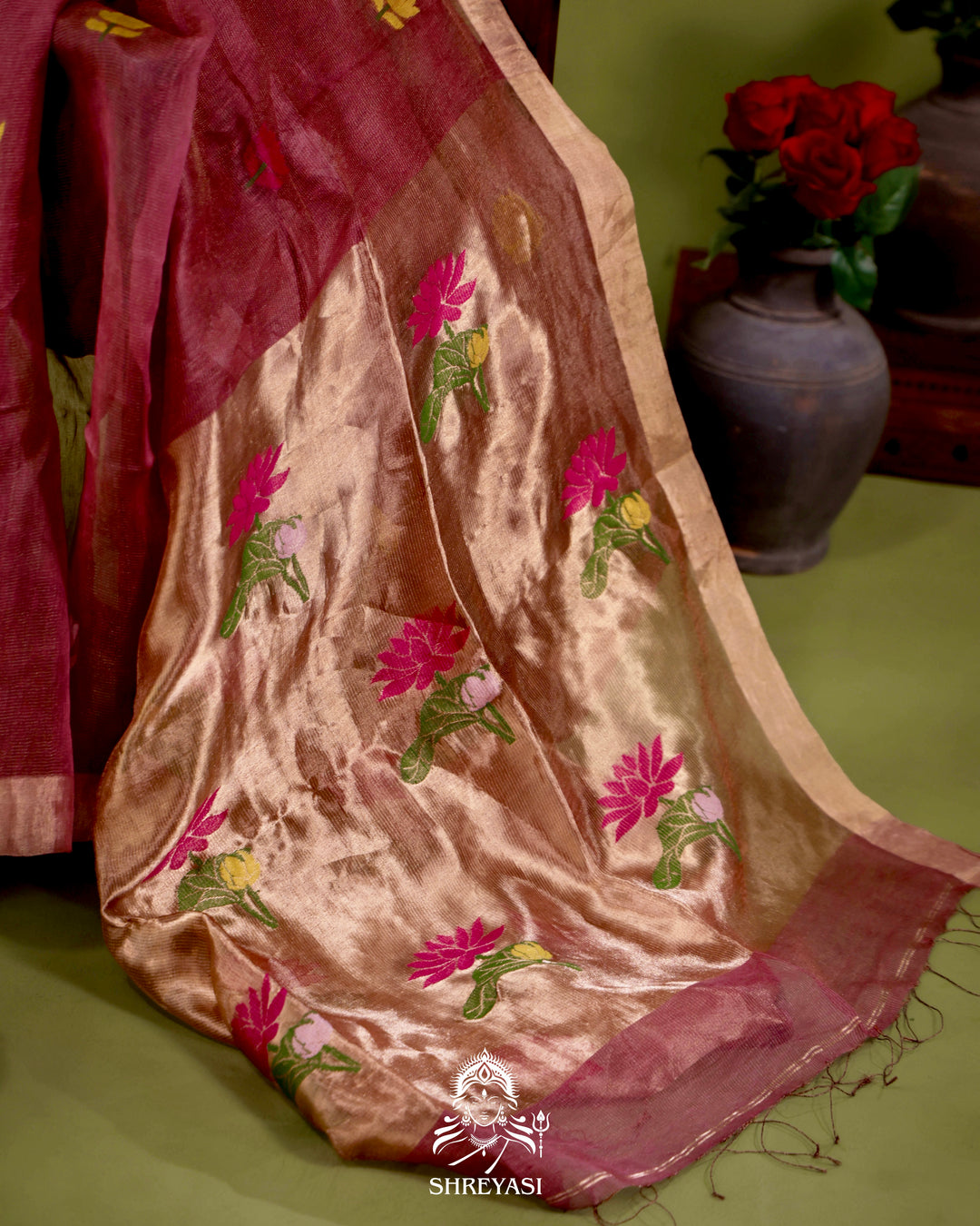 Handloom Silk Linen Jamdani Saree with Tissue Paithani Pallu