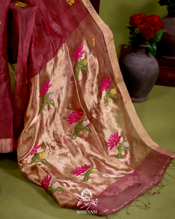 Handloom Silk Linen Jamdani Saree with Tissue Paithani Pallu