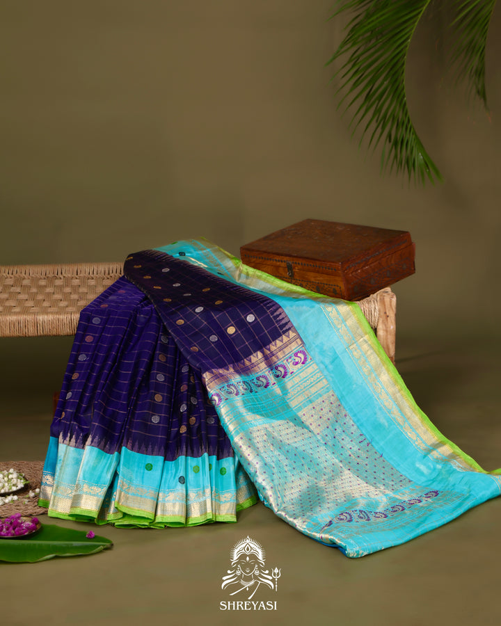 Handloom Pure Gadwal Silk Saree in Royal Blue with Aqua Tissue Borders