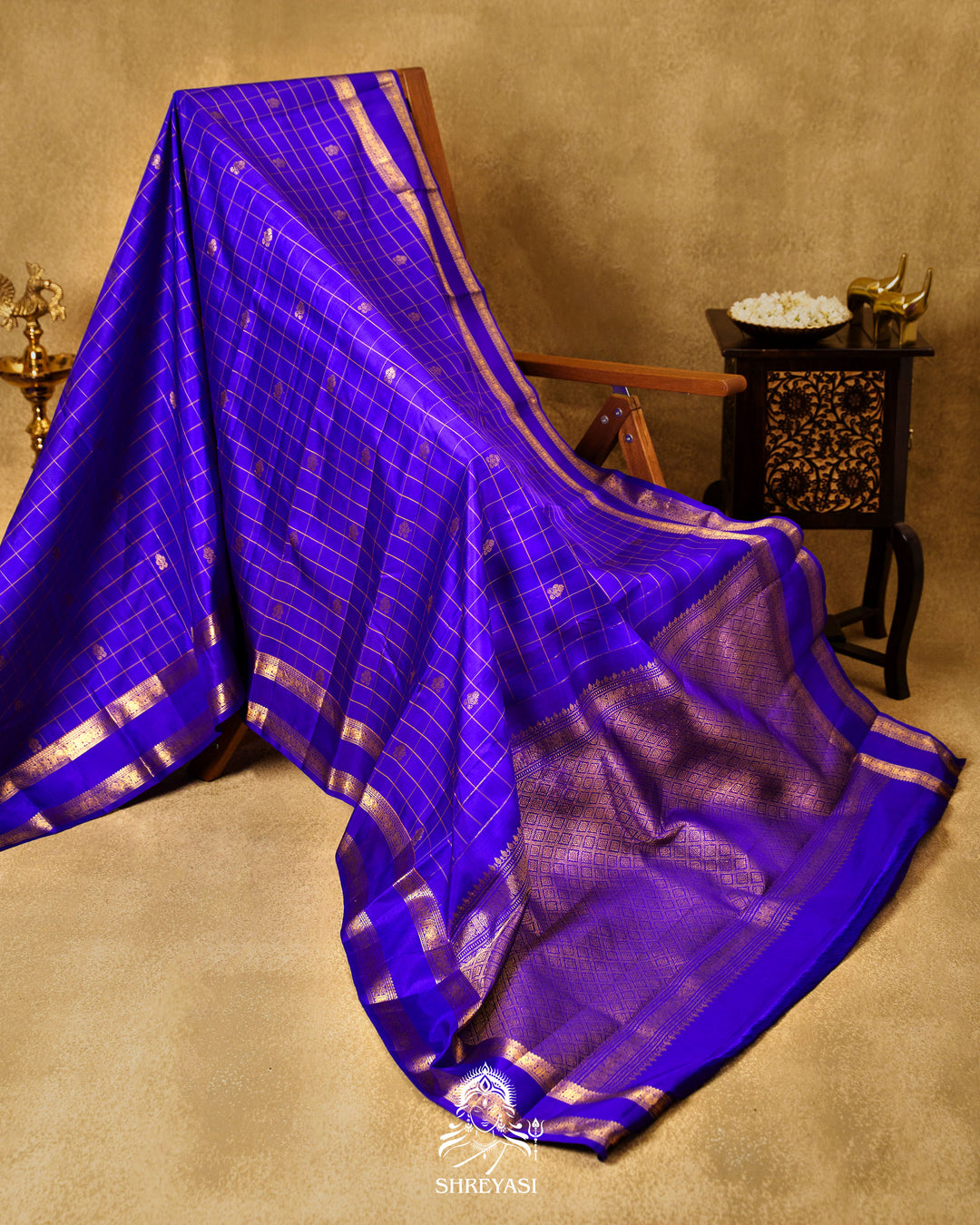 Handloom Pure Kanjivaram Silk Saree in Royal Blue with Kattam Checks and Traditional Zari Borders