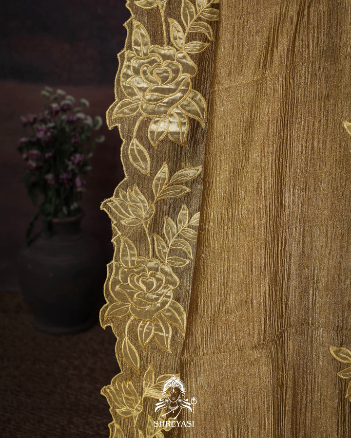 Handloom Pure Banarasi Crushed Tissue Silk Saree with Appliqué Borders