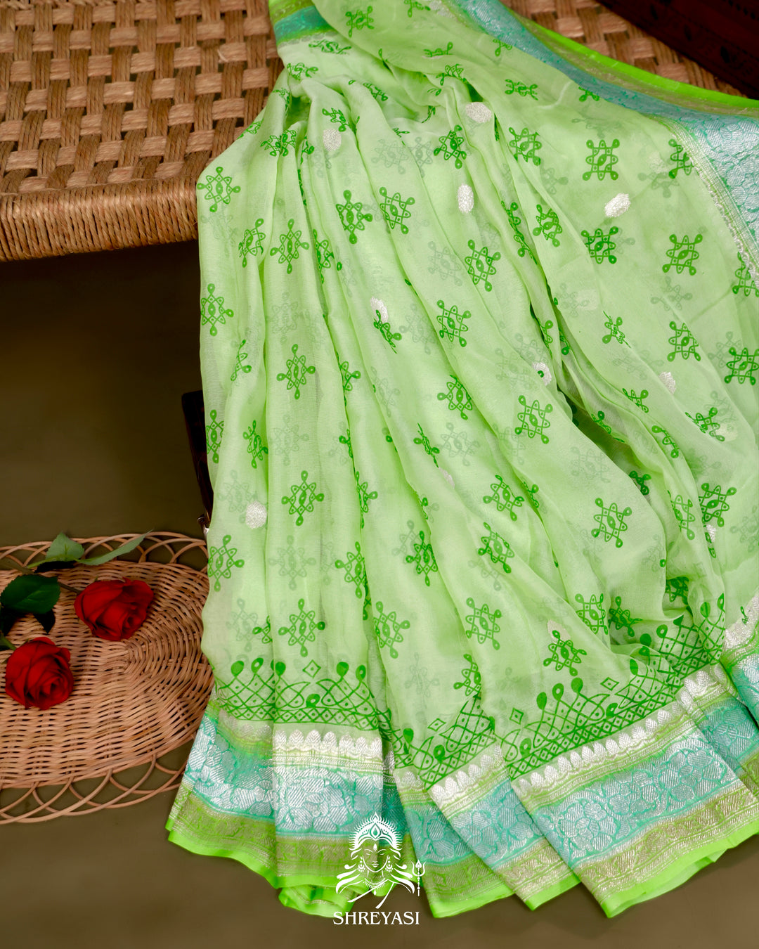 Banarasi Khaddi Chiffon Georgette Saree with Hand Block Motifs