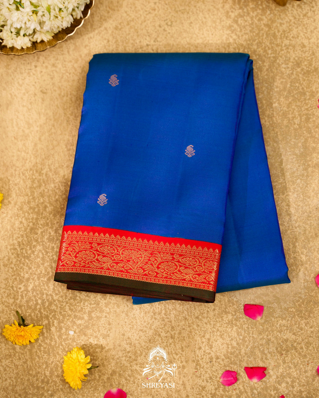 Handloom Pure Kanjivaram Silk Saree in MS Blue with Classic Vintage Borders