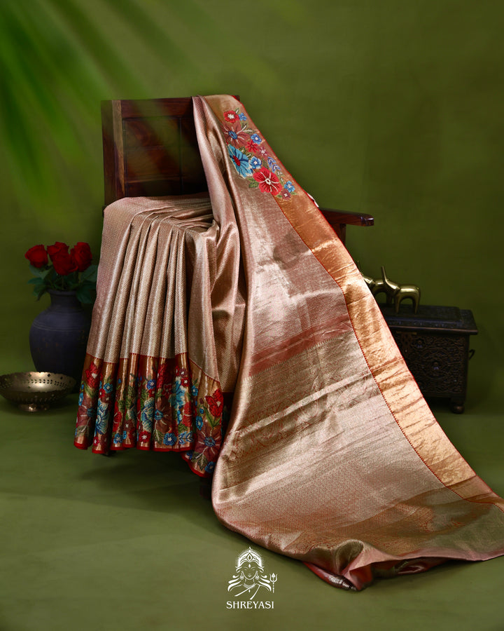 Handloom Pure Kanjivaram Tissue Silk Saree with Petit Point Embroidered Borders