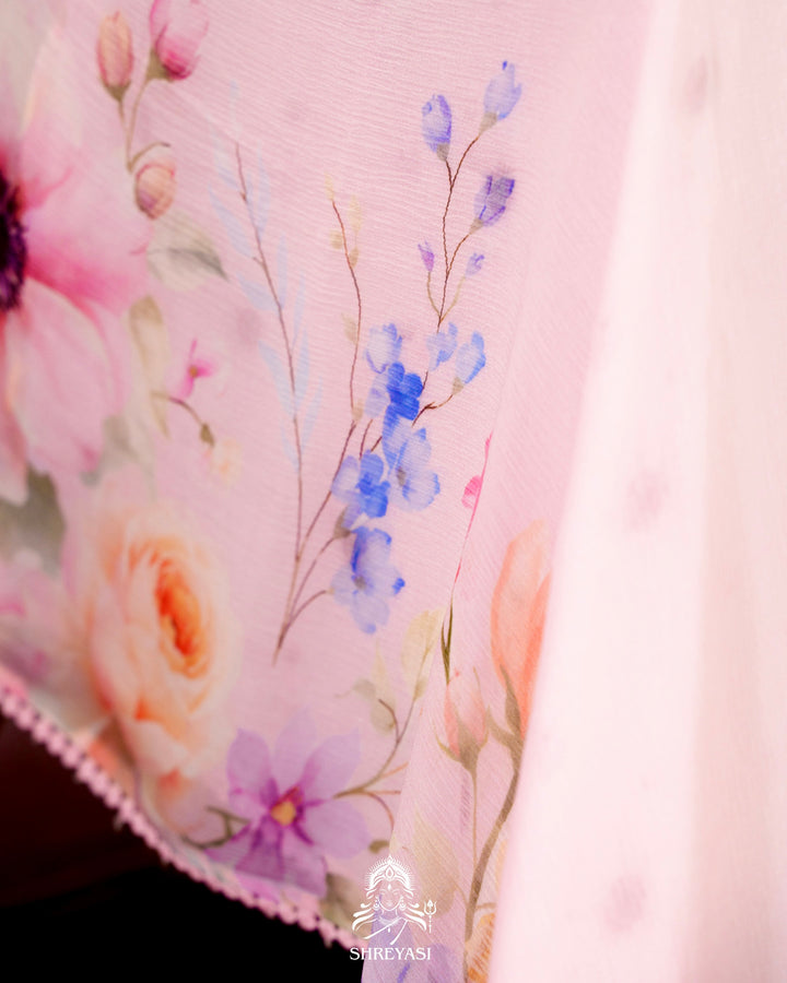 Pure Chiffon Floral Saree with Crochet Embroidery Border