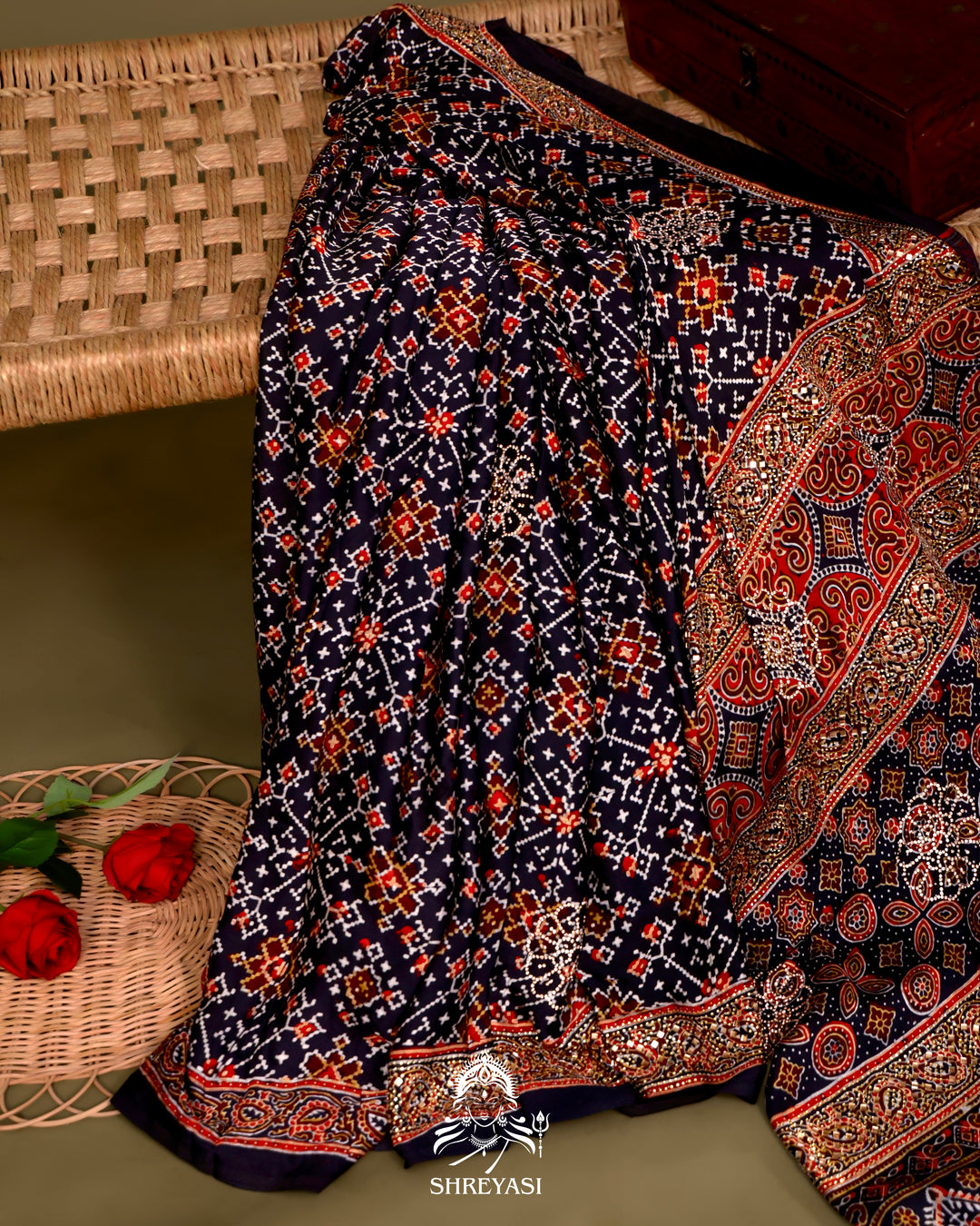 Pure Modal Silk Ajrakh Saree with Swarovski Crystal Embroidery