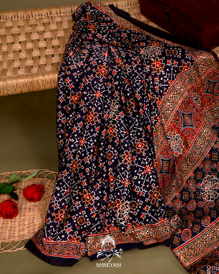 Pure Modal Silk Ajrakh Saree with Swarovski Crystal Embroidery