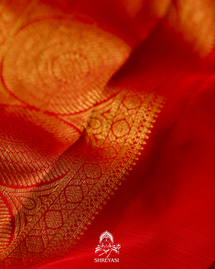 Handloom Pure Kanjivaram Silk Saree in Real Zari - Peach pink with Red and Orange Korvai Border