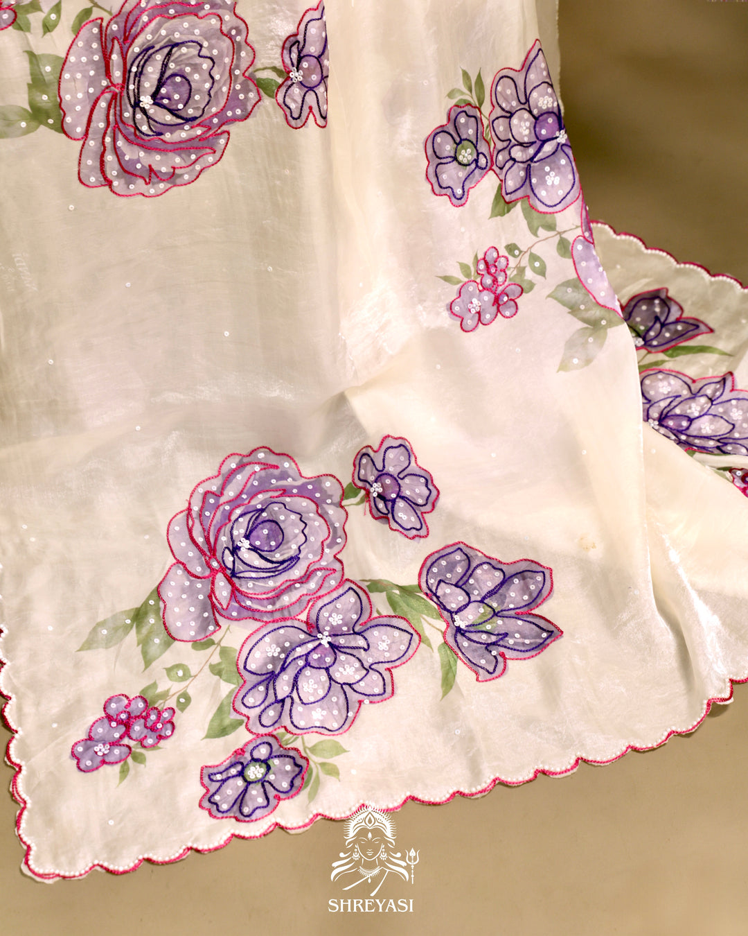 Glass Tissue Saree with Floral Print and  Embroidery