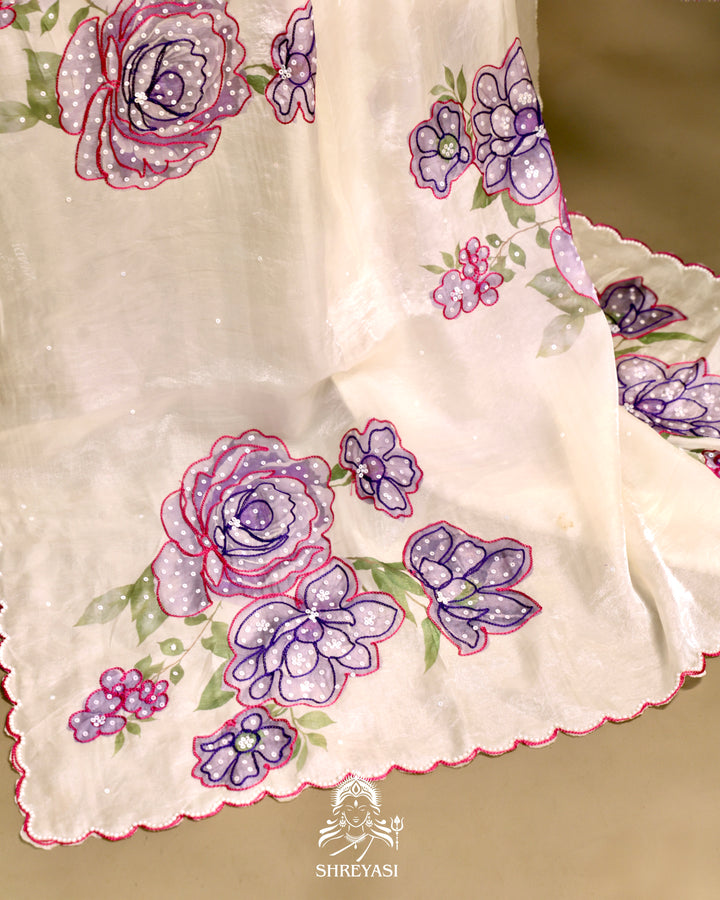 Glass Tissue Saree with Floral Print and  Embroidery