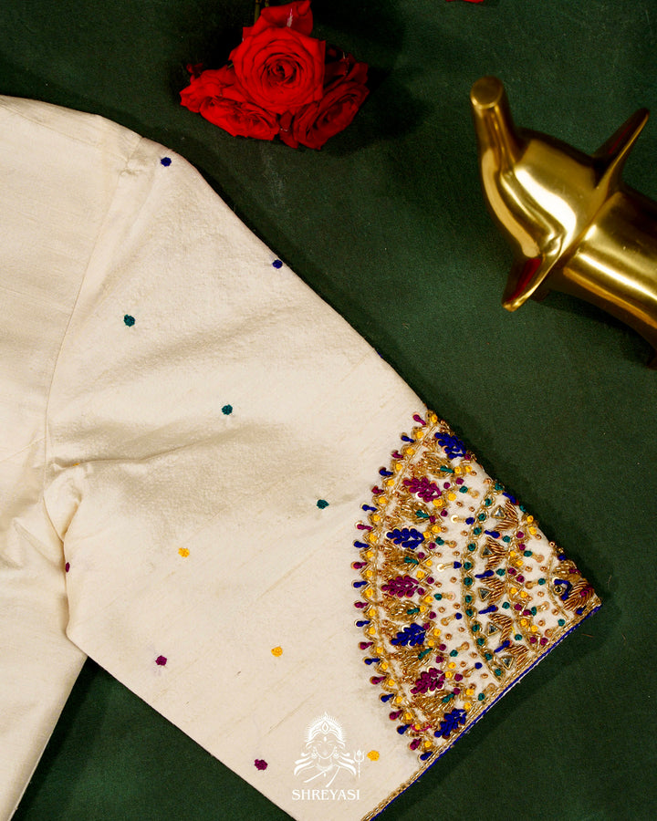 Handloom Pure Rajkot Single Ikat Patola Silk Saree with Hand-Embroidered Raw Silk Blouse