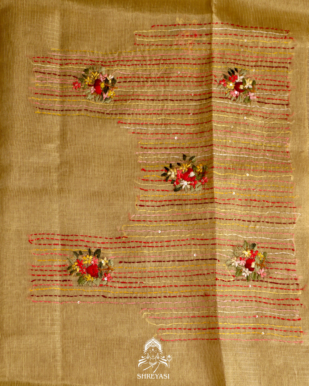 Tissue Linen Saree with Resham Floral Embroidery