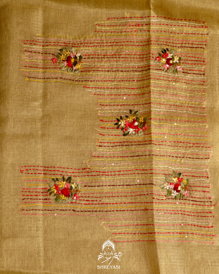 Tissue Linen Saree with Resham Floral Embroidery