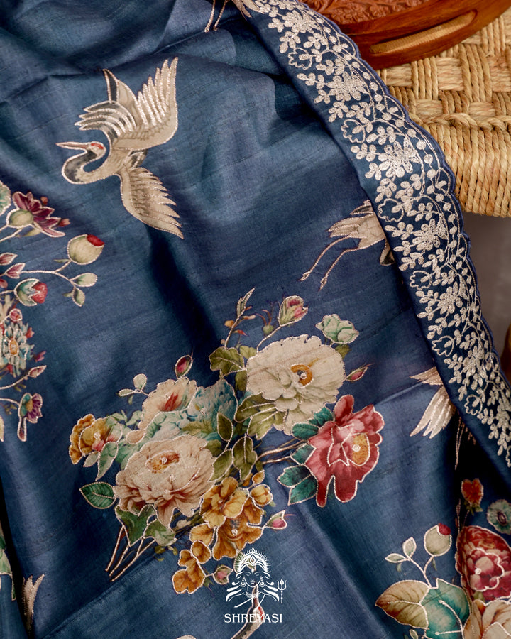 Ivory thread embroidered border on pure tussar silk saree