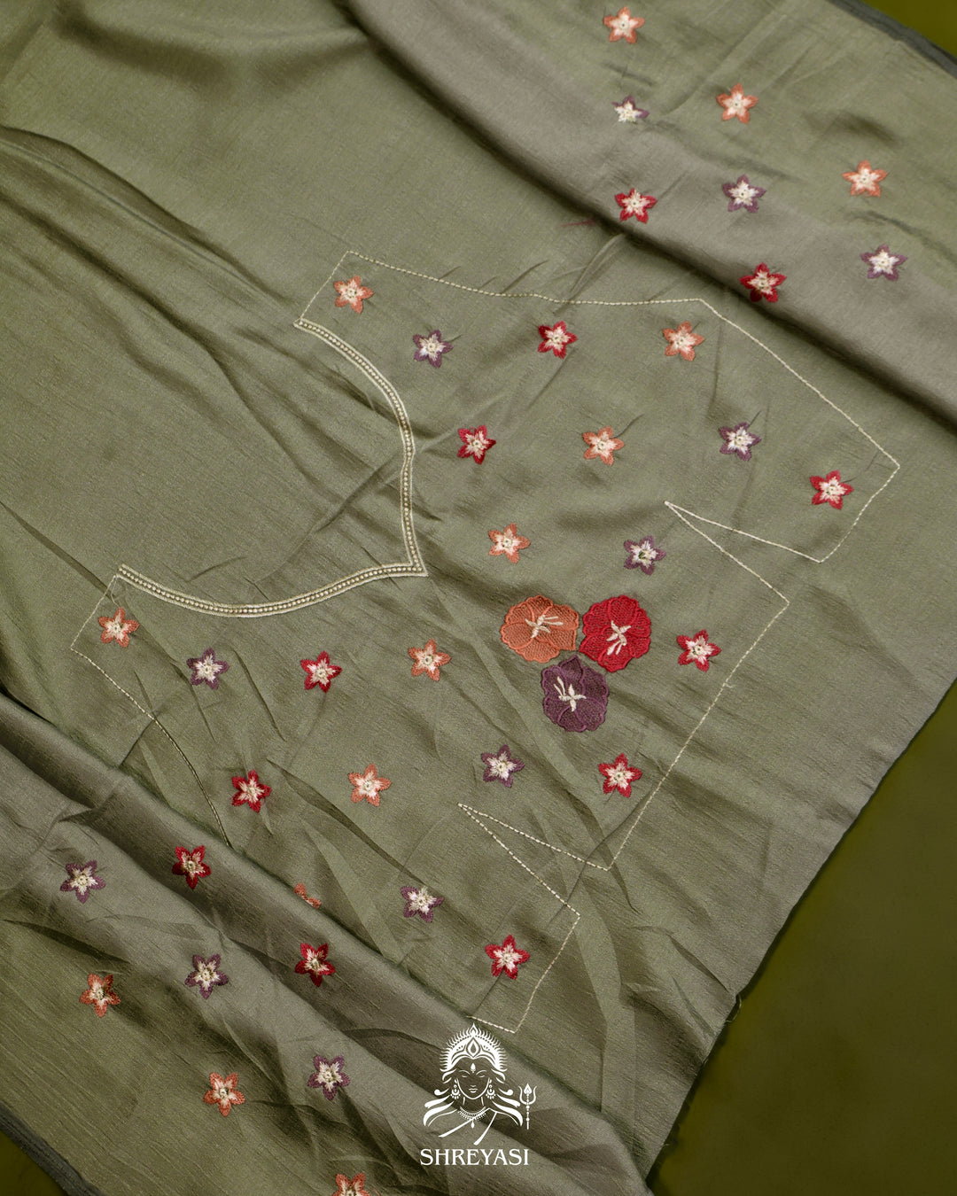Tussar Silk Saree with Resham Floral Embroidery Border