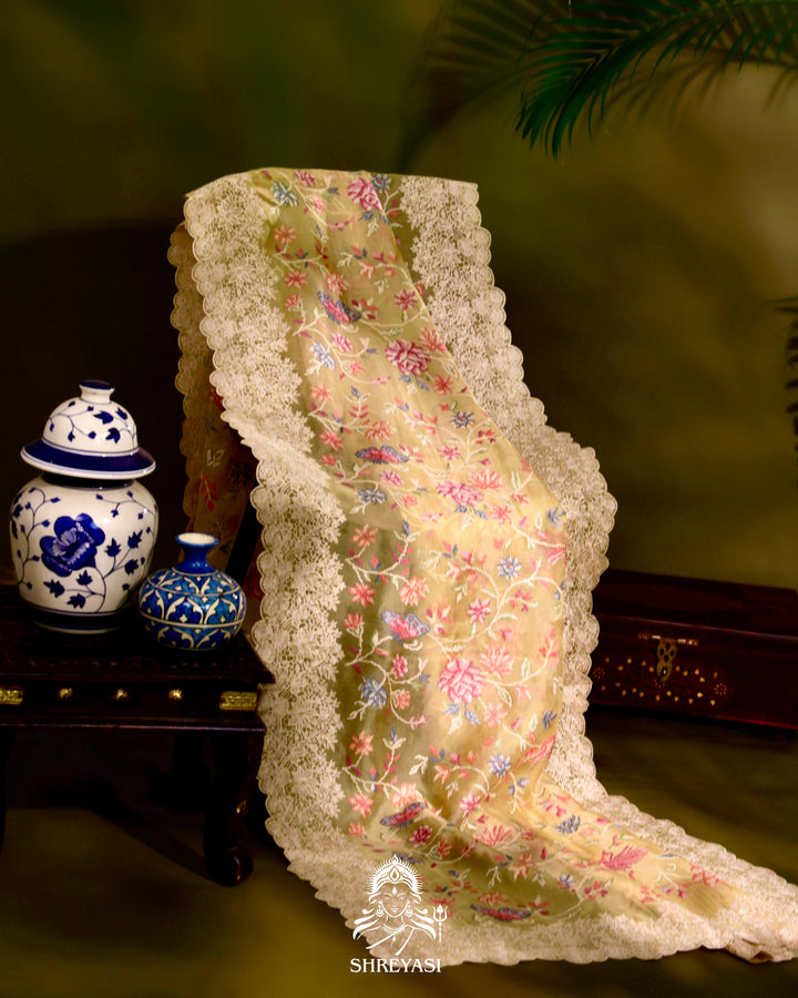 Organza Silk Saree with Petit Point Embroidery and Chantilly Lace Border