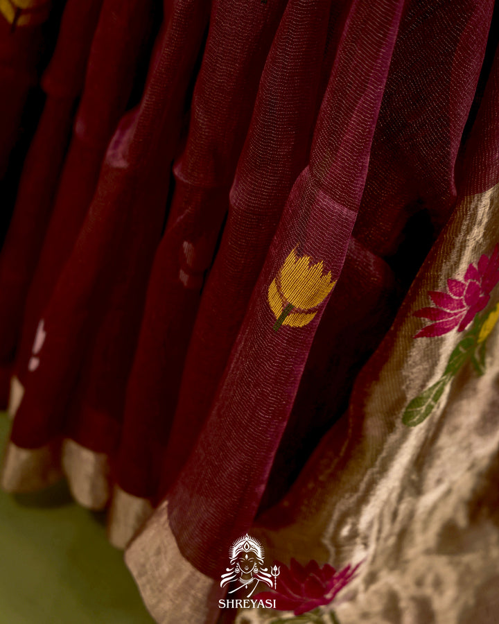 Handloom Silk Linen Jamdani Saree with Tissue Paithani Pallu