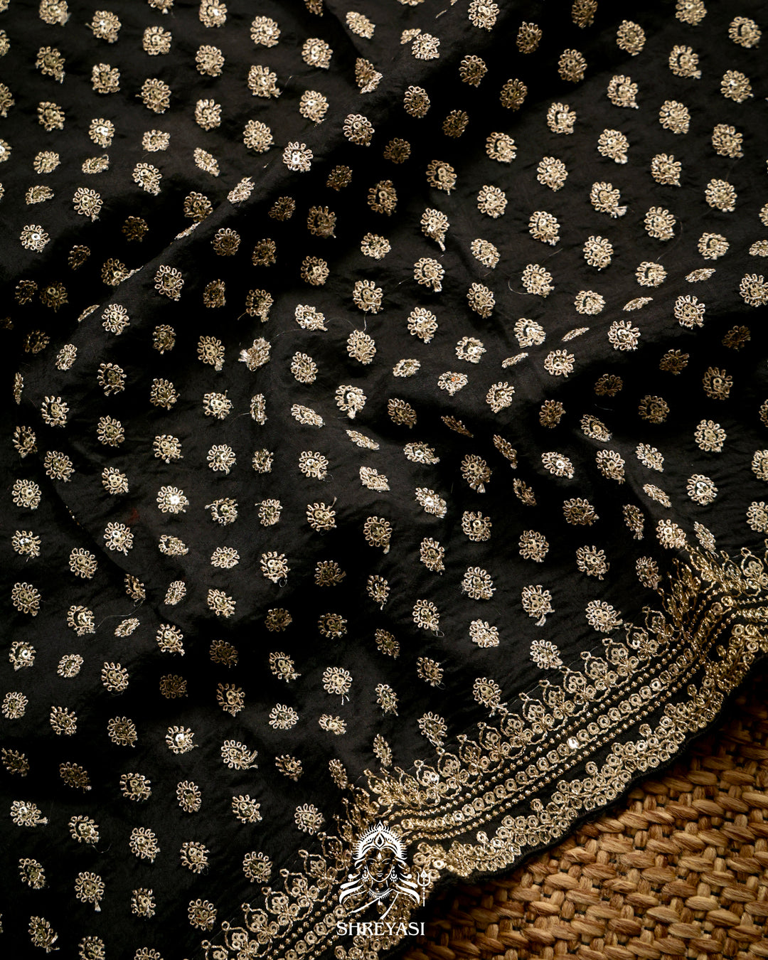 Black Chinon Satin Floral Saree with Embroidered Border