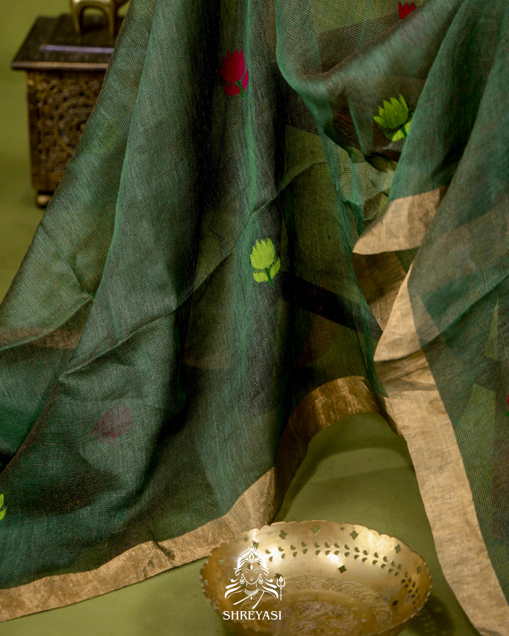 Handloom Silk Linen Jamdani Saree with Tissue Paithani Pallu
