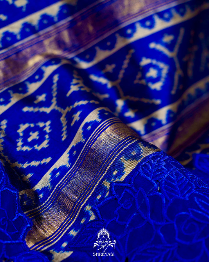 Handloom Pure Patola Silk Saree with Scalloped Floral Appliqué Embroidered Borders