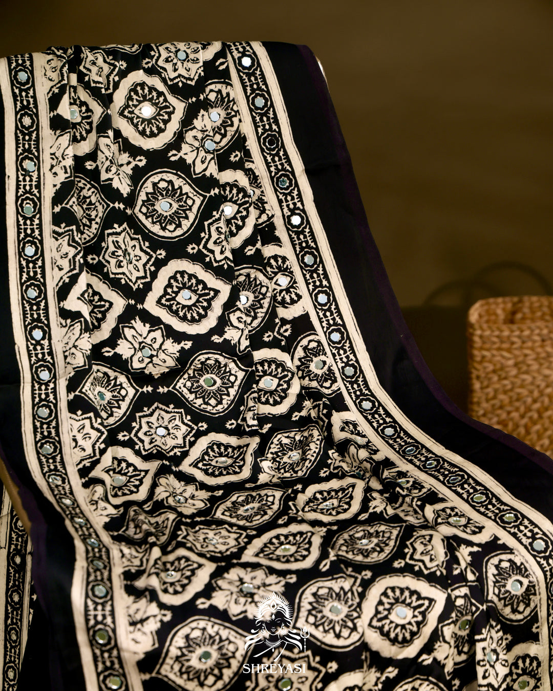 Ajrakh Hand Block Printed Pure Modal Silk Saree With Mirror Work