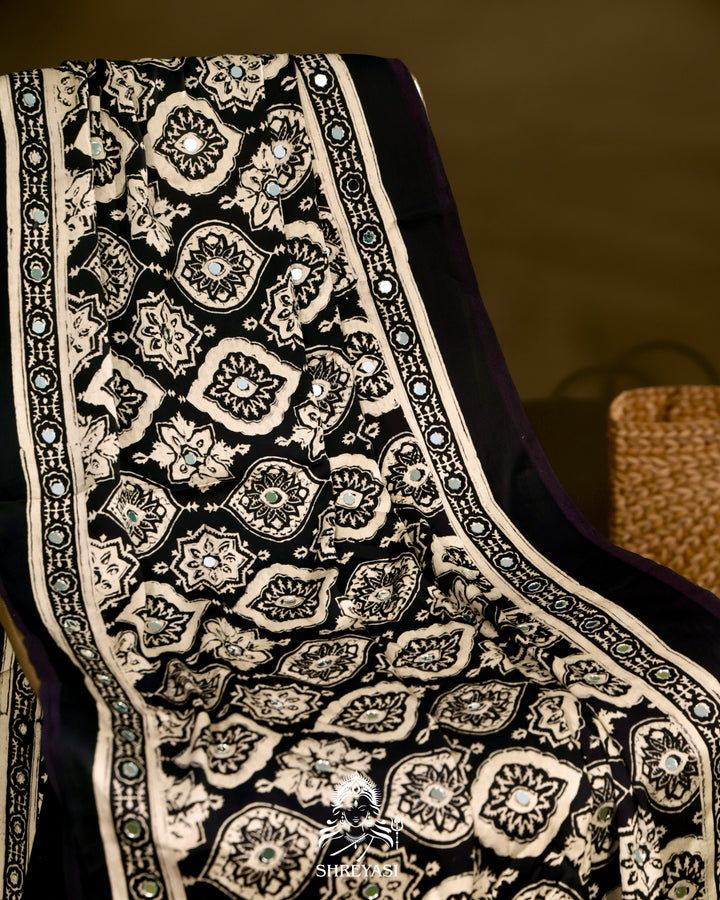 Ajrakh Hand Block Printed Pure Modal Silk Saree With Mirror Work
