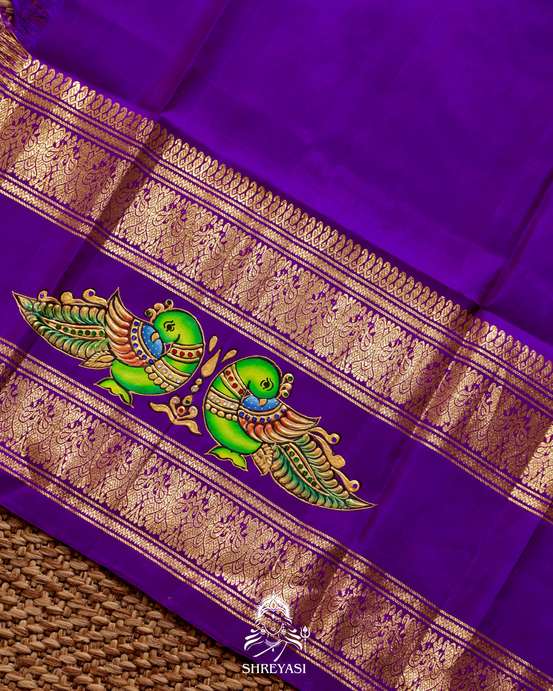 Handloom Pure Kanjivaram Silk Saree in Real Zari with Tanjore Kili and Kamalam Artwork