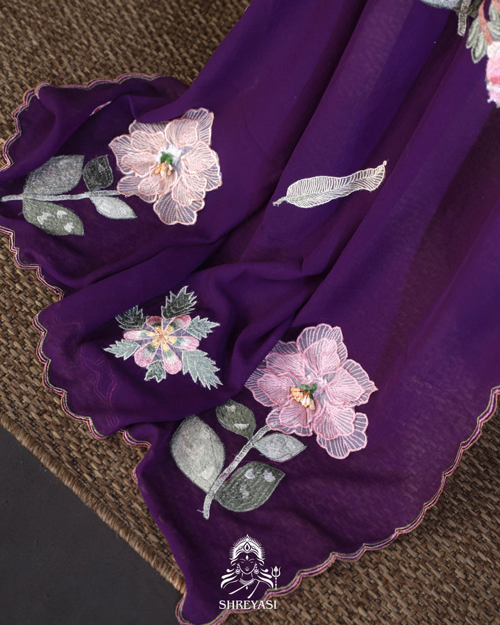 Handloom Pure Chiffon Saree with 3D Appliqué Embroidery