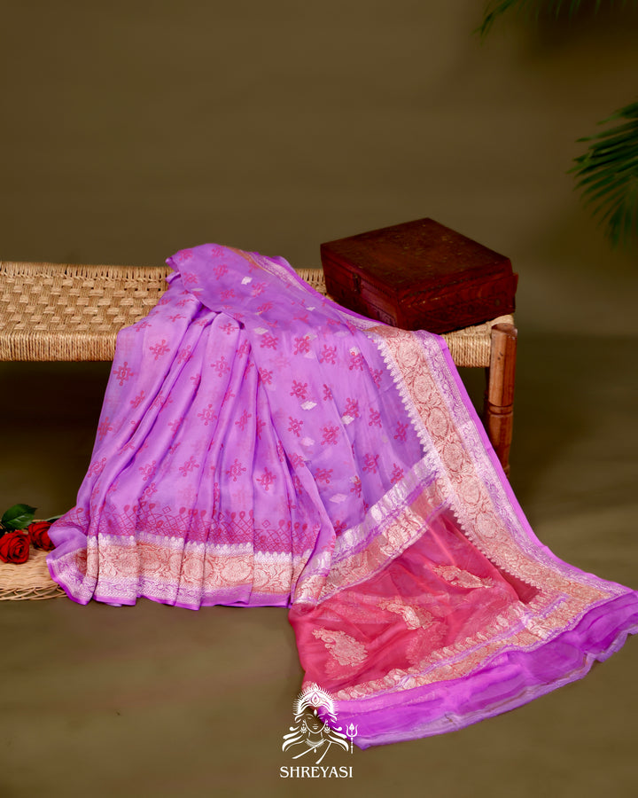 Banarasi Khaddi Chiffon Georgette Saree with Hand Block Motifs