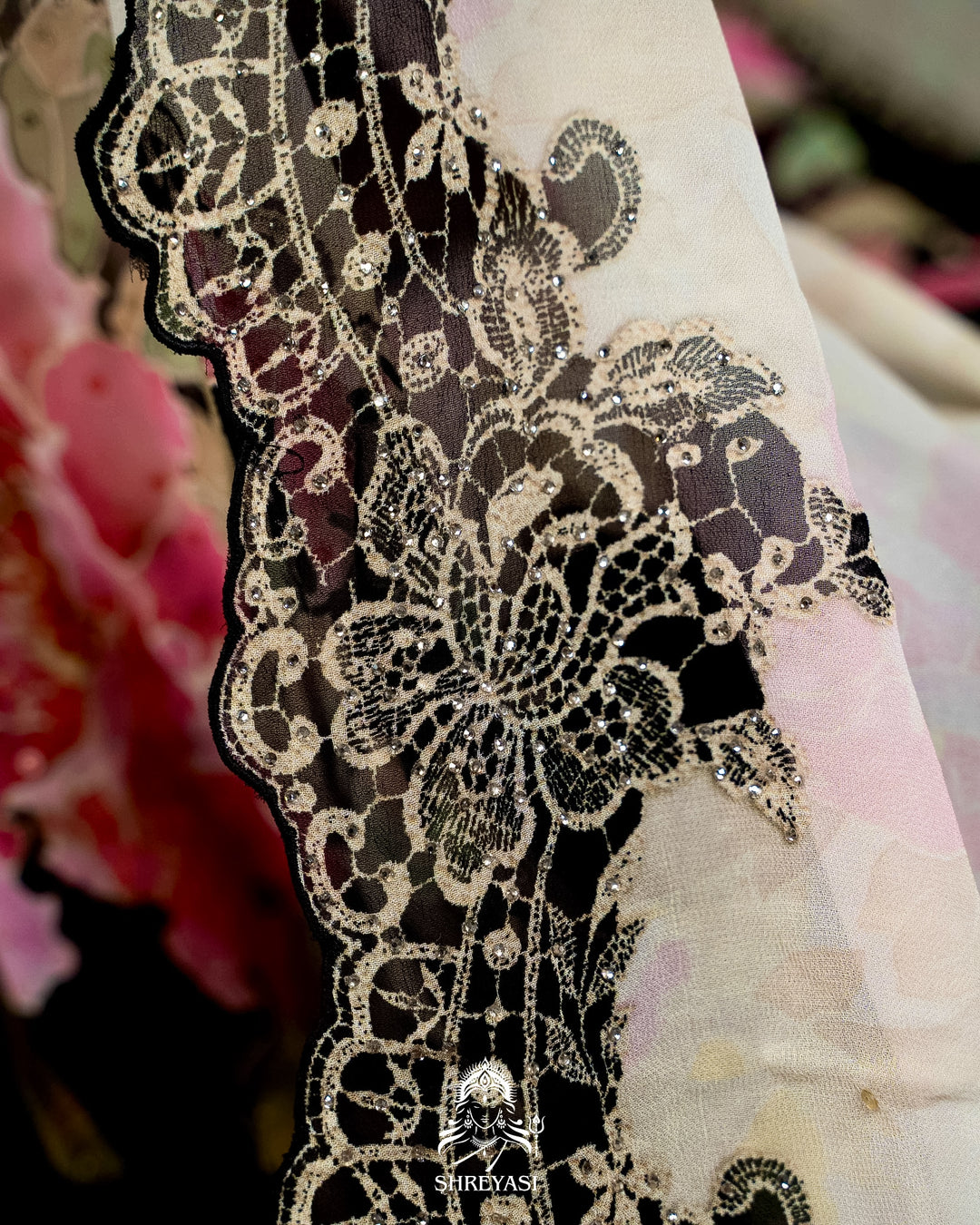 Pure Georgette Floral Saree with Chantilly Lace Embroidery Border