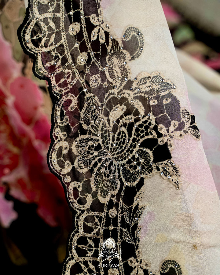 Pure Georgette Floral Saree with Chantilly Lace Embroidery Border