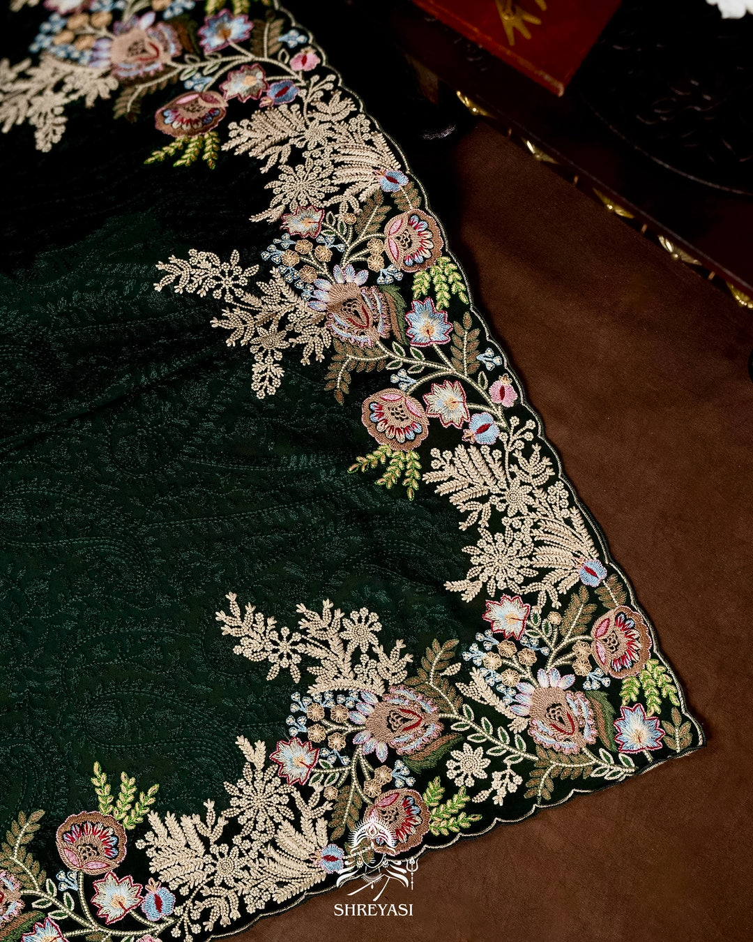 Premium Pure Georgette Chikankari Saree in Emerald Green with Embroidered Floral Borders