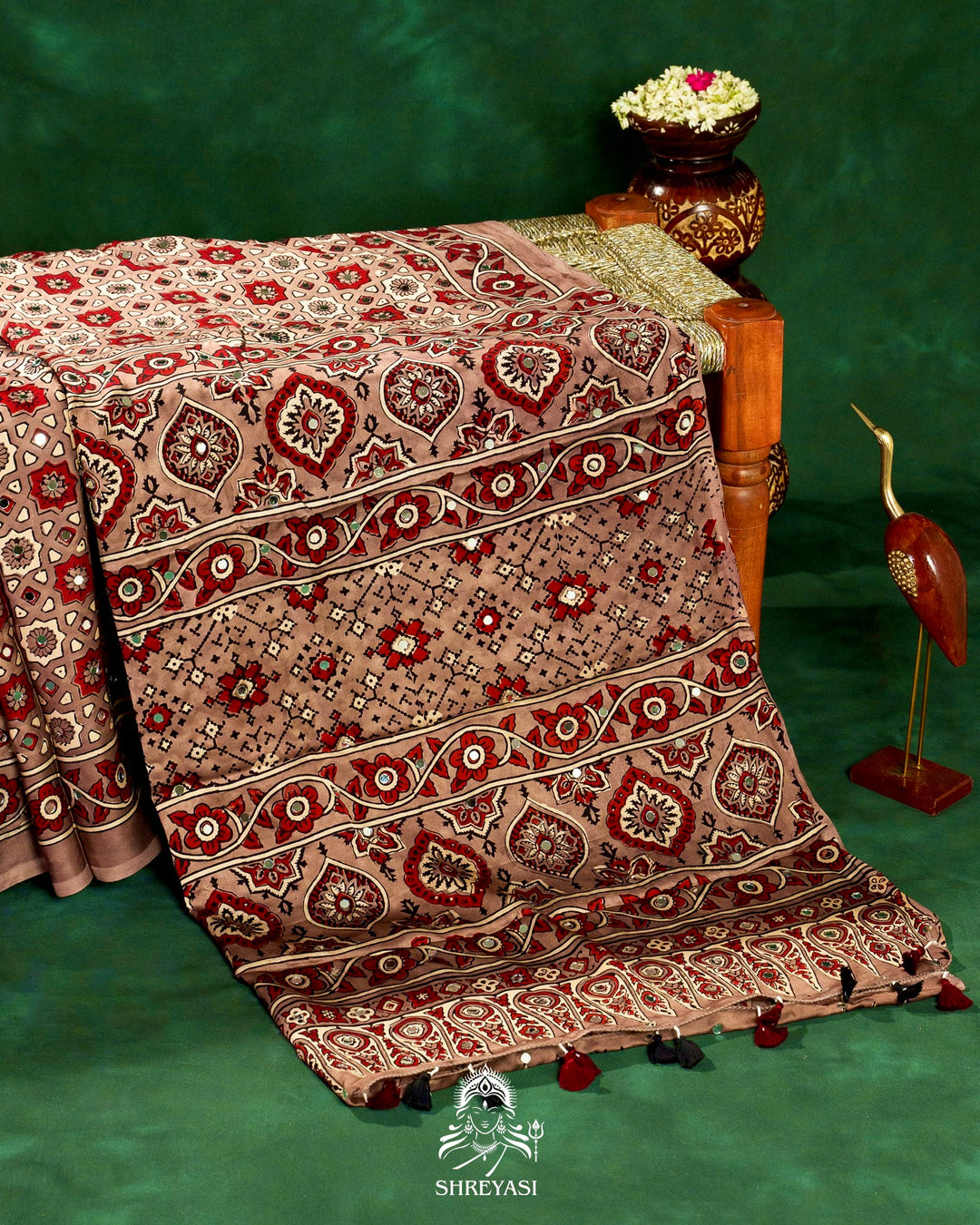 Mirror Work Pure Modal Silk Ajrakh Hand Block Printed Saree | Naturally Dyed Artisan Collection